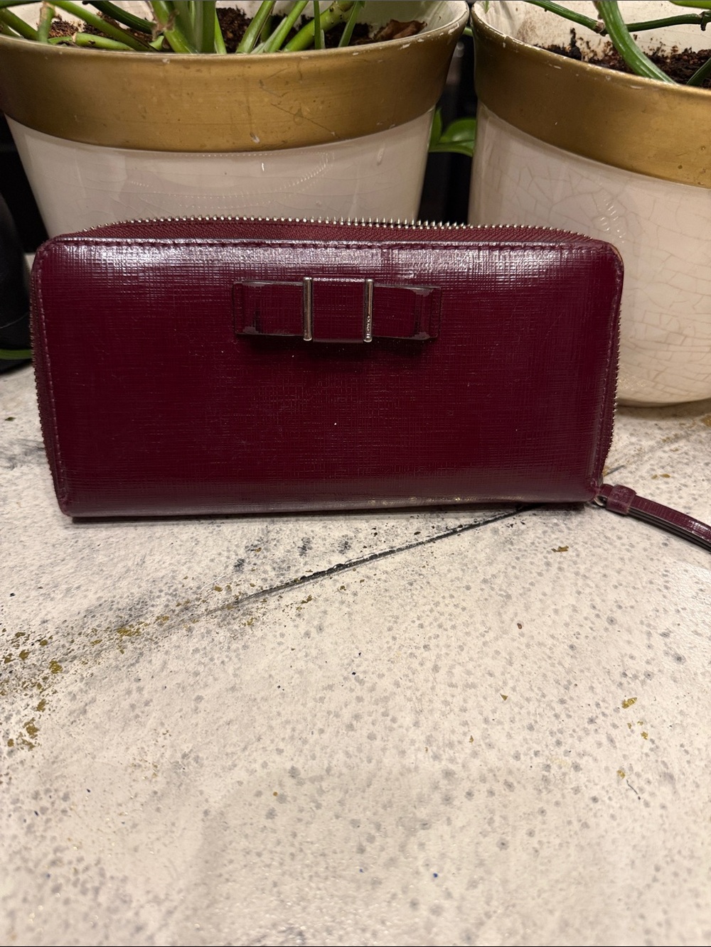 Coach Darcy Burgundy Grosgrain Leather Bow Accordion Zip-Around Wallet